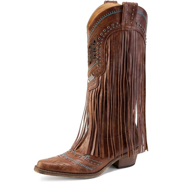 Women's Brown Wide Calf Embroidered Tassal Cowgirl Boot Knee High Snip Toe - Picture 1 of 6